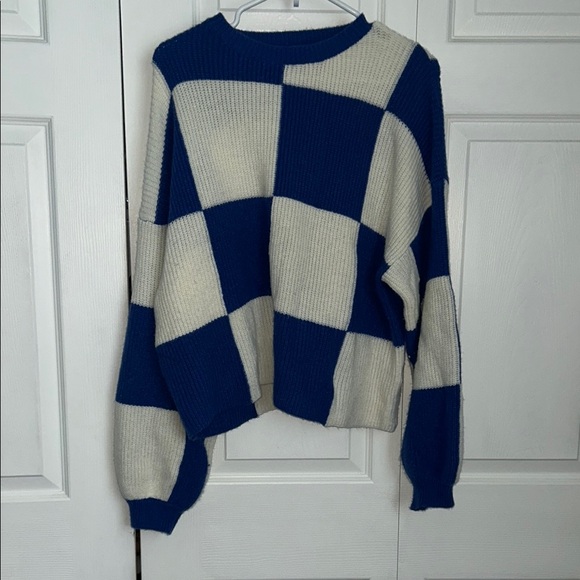 Impressions Sweaters - Blue and Cream Checkered Sweater